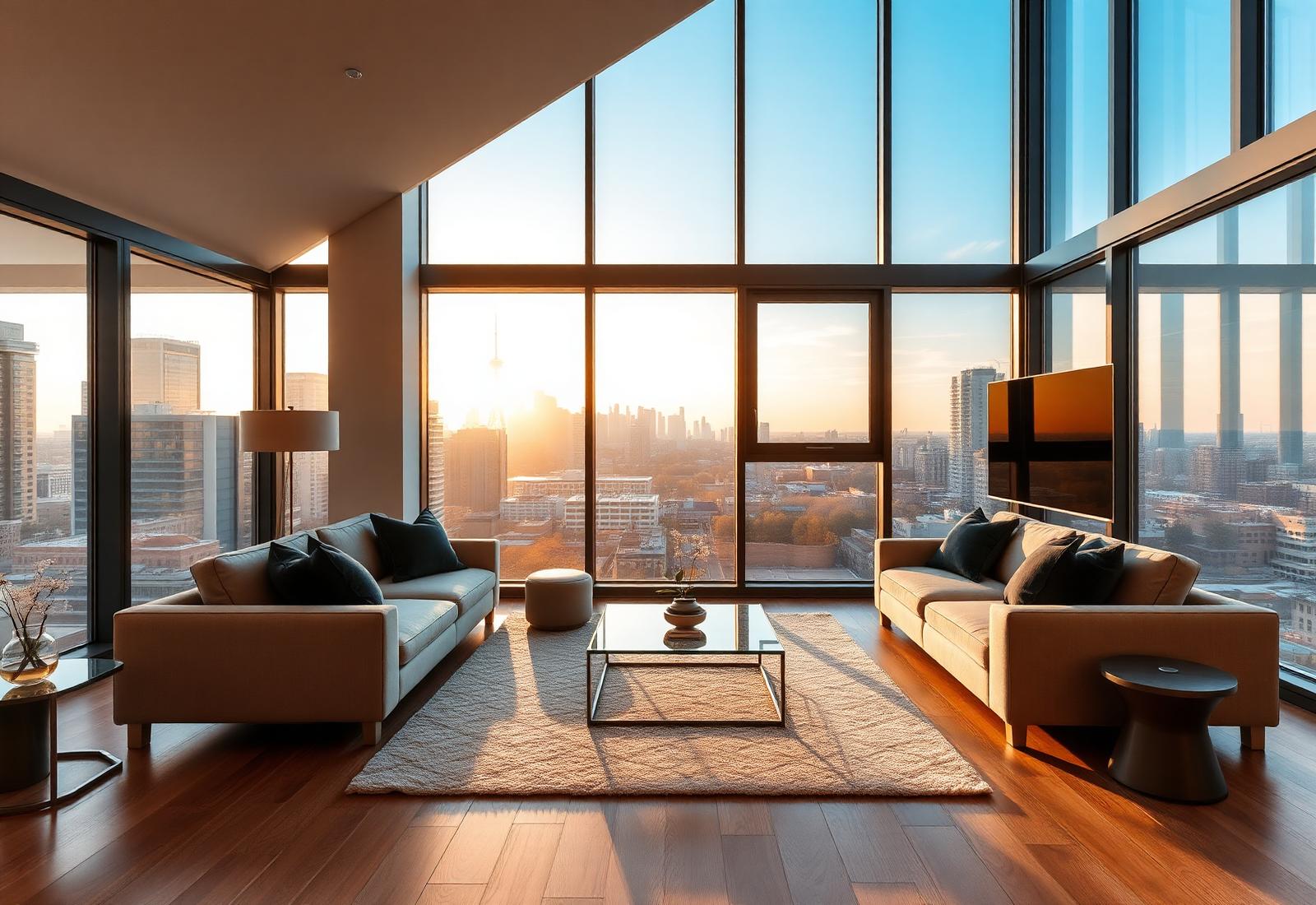 Modern Toronto condo living room at sunset